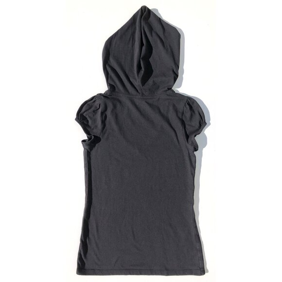Y2K Hooded Short Sleeve Babydoll Top XS black V-Neck Hoodie Pullover Old Navy - Picture 8 of 10